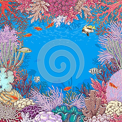 Underwater Background with Corals and Fishes Vector Illustration