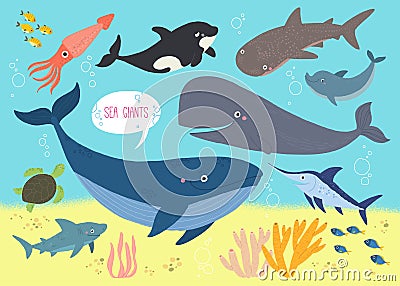 Underwater background with ocena giants. Whale, shark, squid, swordfish, dolphin, ocean turtle, shark. ocra. Undersea Vector Illustration