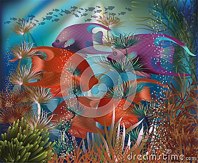 Underwater banner with tropical fish, vector Vector Illustration