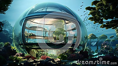 Underwater Bio-Dome: A self-sustaining underwater bio-dome housing an entire ecosystem of exotic marine life - generative ai Stock Photo