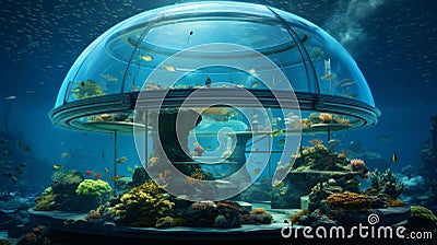 Underwater Bio-Dome: A self-sustaining underwater bio-dome housing an entire ecosystem of exotic marine life - generative ai Stock Photo