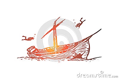 Underwater, boat, seabed, ship, diving concept. Hand drawn isolated vector. Vector Illustration