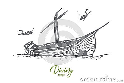 Underwater, boat, seabed, ship, diving concept. Hand drawn isolated vector. Vector Illustration