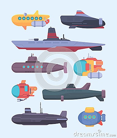 Underwater boat. Submarines diving ocean exploration vector cartoon illustrations set Vector Illustration