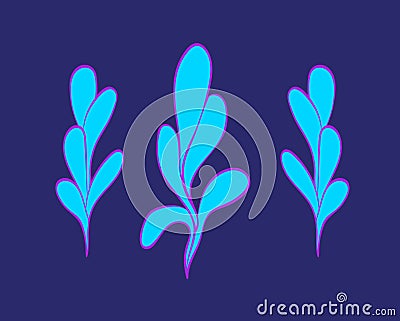 Underwater bright seaweed plants set. Cartoon seaware vector illustration, sea alga collection, isolated on blue background Vector Illustration