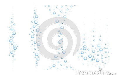 Underwater bubbles of fizzing soda. Streams of air. Dissolving tablets. Realistic oxygen pop in effervescent drink. Blue Vector Illustration
