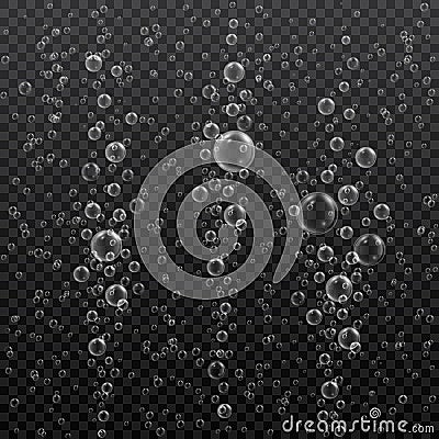 Underwater bubbles on transparent background. Realistic fizzing air bubbles. Effervescent drink. Vector illustration Vector Illustration