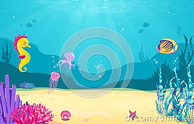 Underwater cartoon background with fish, sand, seaweed, pearl, jellyfish, coral, starfish, octopus, sea horse. Ocean sea Vector Illustration