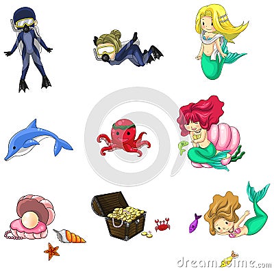 Underwater cartoon characters and objects collection icon set (vector) Vector Illustration