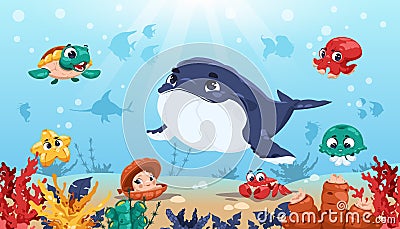 Underwater cartoon landscape. Summer sea and ocean scene with cute adorable fish. Funny octopus, jellyfish and seaweeds Vector Illustration