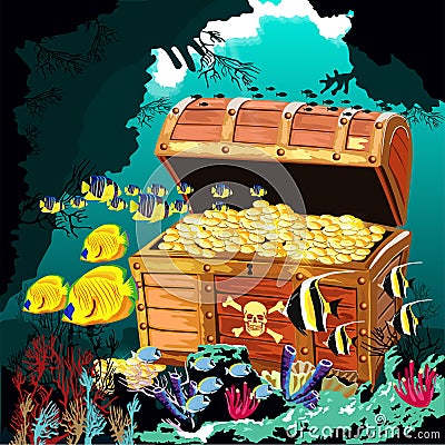 Underwater cave with an open pirate treasure chest Vector Illustration