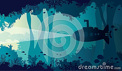 Underwater cave, sea, submarine, coral reef, fish. Vector Illustration