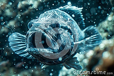 Underwater Close Up of a Mysterious Deep Sea Fish in its Natural Ocean Habitat with Bubbles Stock Photo