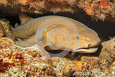Underwater close up photograph of a resting shark amidst colorful coral reef Stock Photo