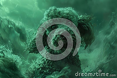 Underwater Close Up Portrait of a Curly Coated Poodle in Clear Green Waters Stock Photo