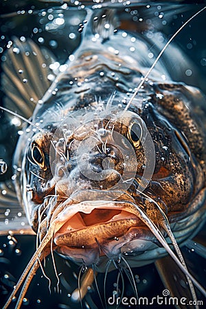 Underwater Close Up Shot of a Catfish Surrounded by Water Bubbles in Natural Habitat Stock Photo