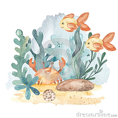 Underwater composition with sea animals, crab, fish, algae, corals, shell, ocean floor Stock Photo
