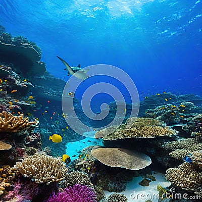 Underwater Coral reef and Animals of the underwater sea Colorful tropical Life in coral Cartoon Illustration