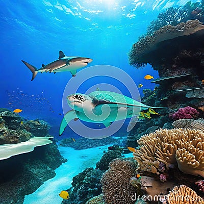 Underwater Coral reef and Animals of the underwater sea Colorful tropical Life in coral Cartoon Illustration