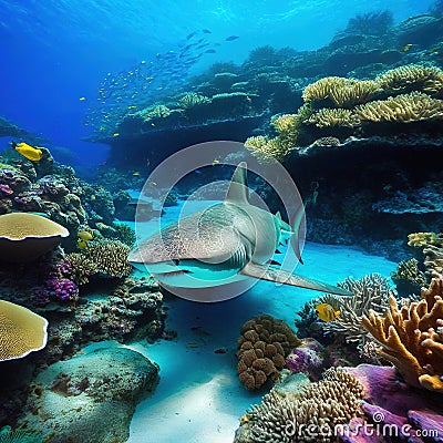 Underwater Coral reef and Animals of the underwater sea Colorful tropical Life in coral Cartoon Illustration