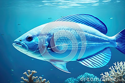 Underwater coral reef landscape with fish, generative ai, in the deep blue ocean with colorful marine life Stock Photo