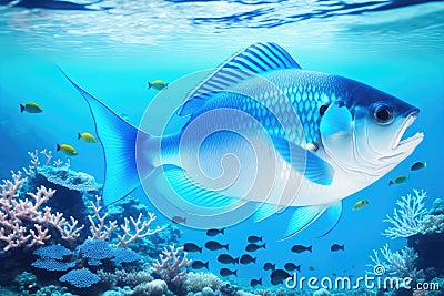Underwater coral reef landscape with fish, generative ai, in the deep blue ocean with colorful marine life Stock Photo