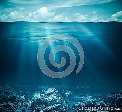 Underwater coral reef seabed and water surface Stock Photo