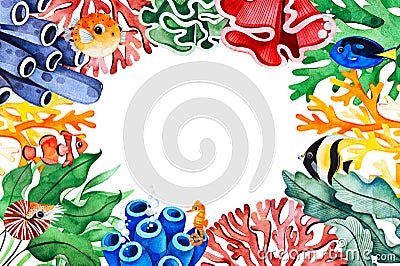 Underwater creatures frame border with multicolored corals,seaweeds,fish,seahorse Stock Photo