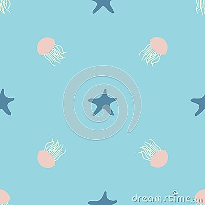 Underwater design of seamless pattern for wrapping, textile, print. Seastar and jellyfish colorful vector illustration Vector Illustration