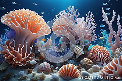 An underwater fantasy kingdom thriving with coral shells sea life Stock Photo