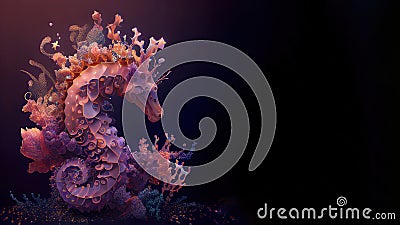 Underwater Fantasy, Seahorse-shaped Sea Corals, Spirals, and Space Elements with Generative AI Stock Photo