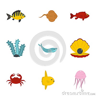 Underwater fauna icons set, flat style Vector Illustration
