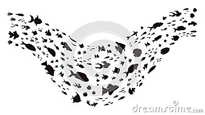Underwater fish schools. Groups of sea fishes, fish schools shoal wave, swimming little fishes silhouettes, fish colony Vector Illustration