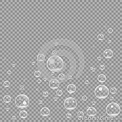 Underwater fizzing air bubbles isolated on transparent background. Air water clear bubble in water, sea, aquarium, ocean Vector Illustration