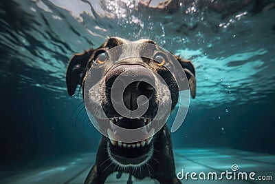 Underwater funny photo of dog, dive deep down. Summer vacation with pet. Closeup underwater photo of a dog. Generative Cartoon Illustration