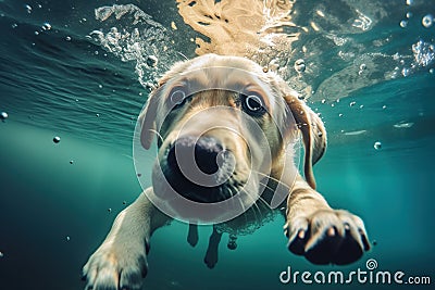 Underwater funny photo of a golden labrador retriever , concept of Aquatic Humor, created with Generative AI technology Stock Photo