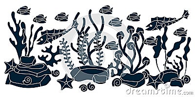 Underwater horizontal border. Hand drawn white and blue vector illustration Vector Illustration