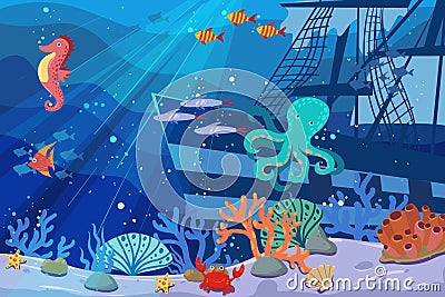 Underwater illustration and life. the beauty of marine life. fish, algae and coral reefs, ship, octopus, beautiful and Vector Illustration