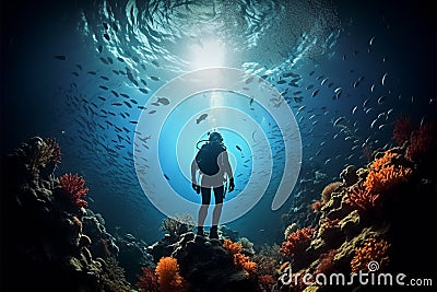 An underwater illustration reveals a diver exploring vibrant coral reefs Cartoon Illustration