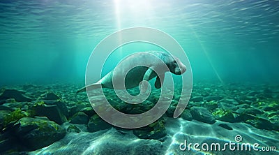 A manatee or sea cow isolated on an ocean floor background with space for copy. Stock Photo