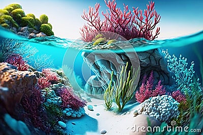 Underwater landscape with clear blue water with coral algae and water line. AI generated Stock Photo