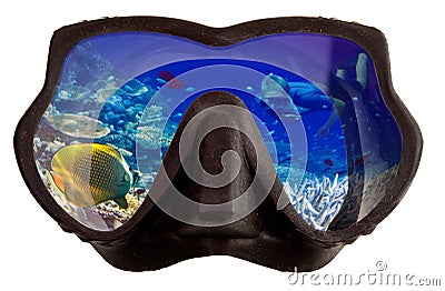 Underwater landscape is reflected in mask glasses for a snorkeling (diving) Stock Photo