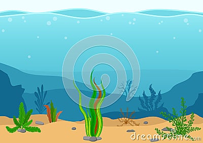 Underwater landscape with seaweeds. Seascape with reef. Marine sea bottom silhouette with seaweed. Nature Scene in flat Vector Illustration