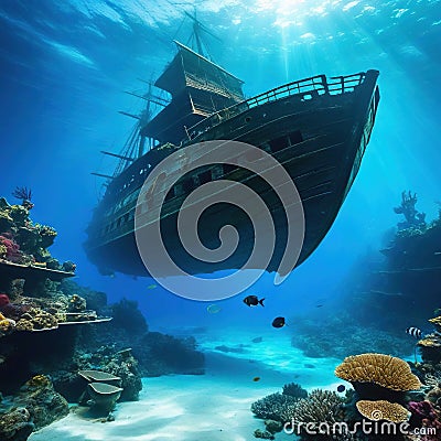 Underwater landscape with sunken sail Shipwreck underwater of deep Cartoon Illustration