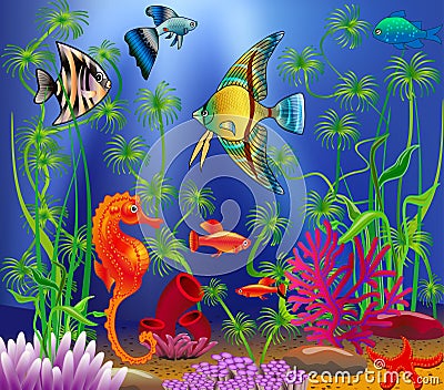 Underwater landscape with various water plants Vector Illustration