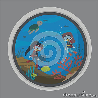 Underwater life background illustration with cute diver character Vector Illustration