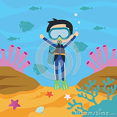Underwater life background illustration with cute diver character Cartoon Illustration