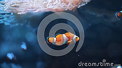 Underwater life concept. Beautiful clownfish in orange and white stripes swimming. Stock Photo