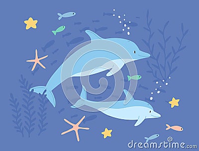 Underwater life of two cute dolphins in sea or ocean. Childish marine landscape or seascape with lovable fishes and Vector Illustration