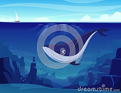 Underwater life. Whales and big fishes in ocean deep blue sea wild swimming animals exact vector cartoon background Vector Illustration